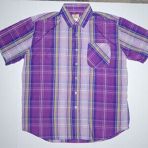 Haband Travelers Mens Purple Blue and Yellow Striped Button Up Shirt Size Large